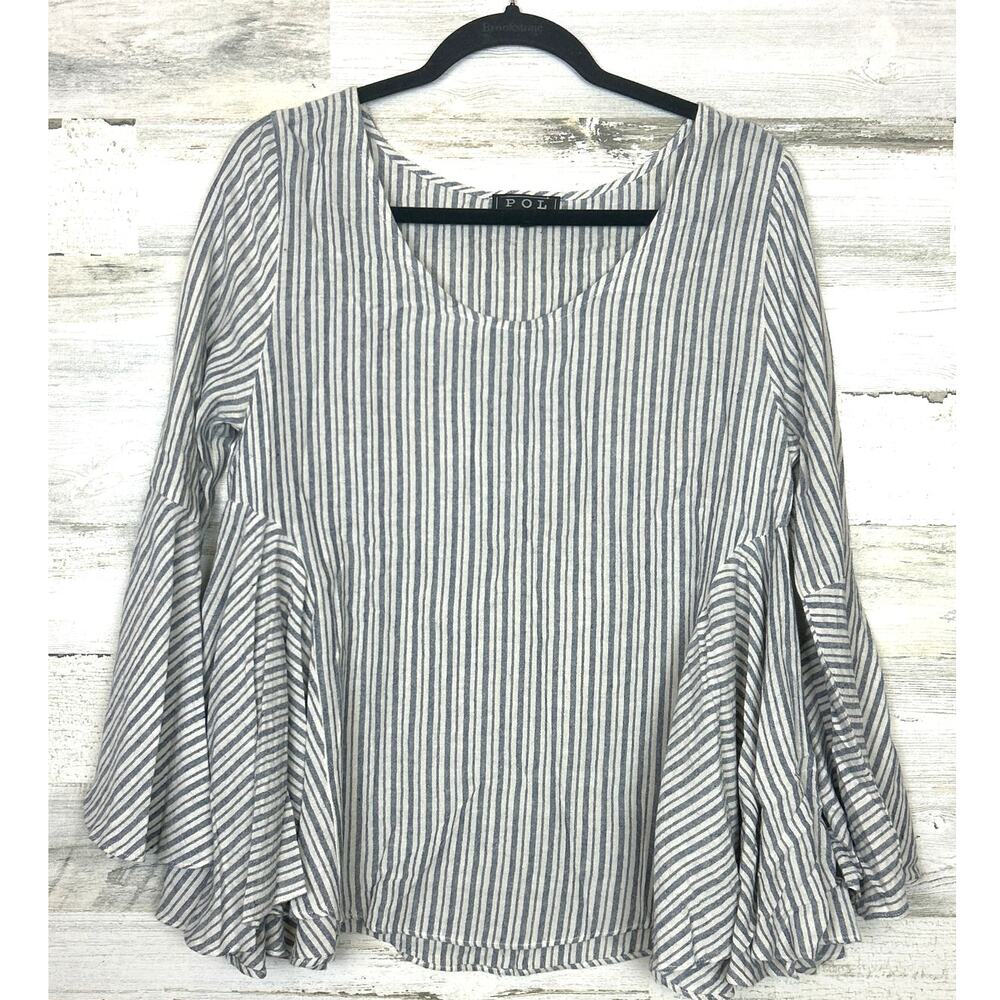 POL Womens S Oversized Blue White Striped Long Bell Sleeve Blouse Boho Top NEW